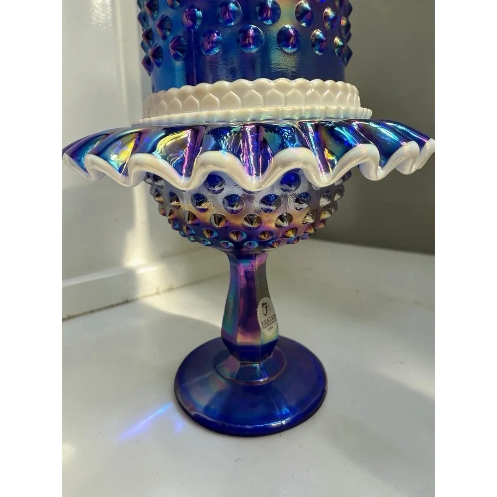 Fenton Blue Carnival Glass Hobnail Snow Crest 3 Piece Pedestal Fairy Lamp-9